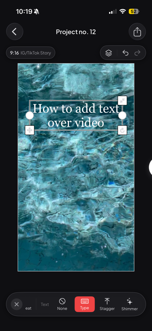 Jodu's Animate panel open over a video clip, with the Text motions None, Type, Stagger, and Shimmer, and Type selected.