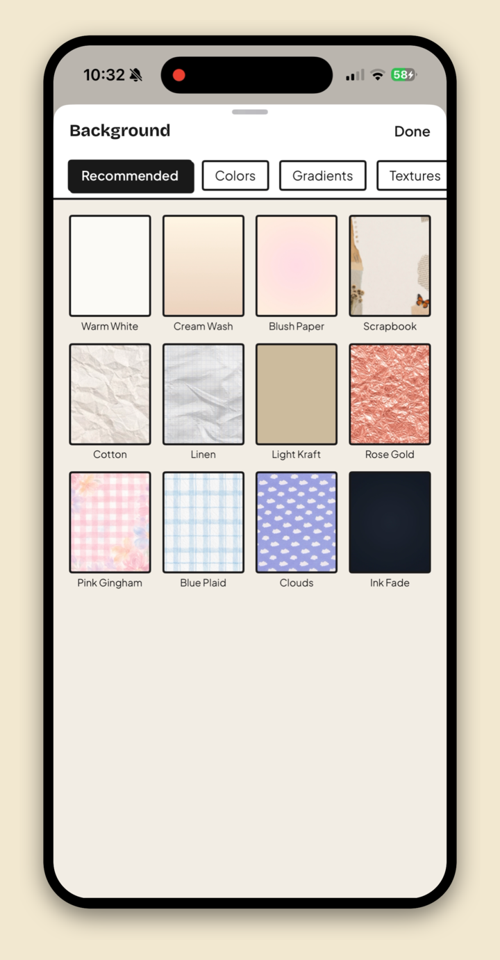 Jodu's background picker showing paper textures like Scrapbook, Linen and Kraft, plus patterns.
