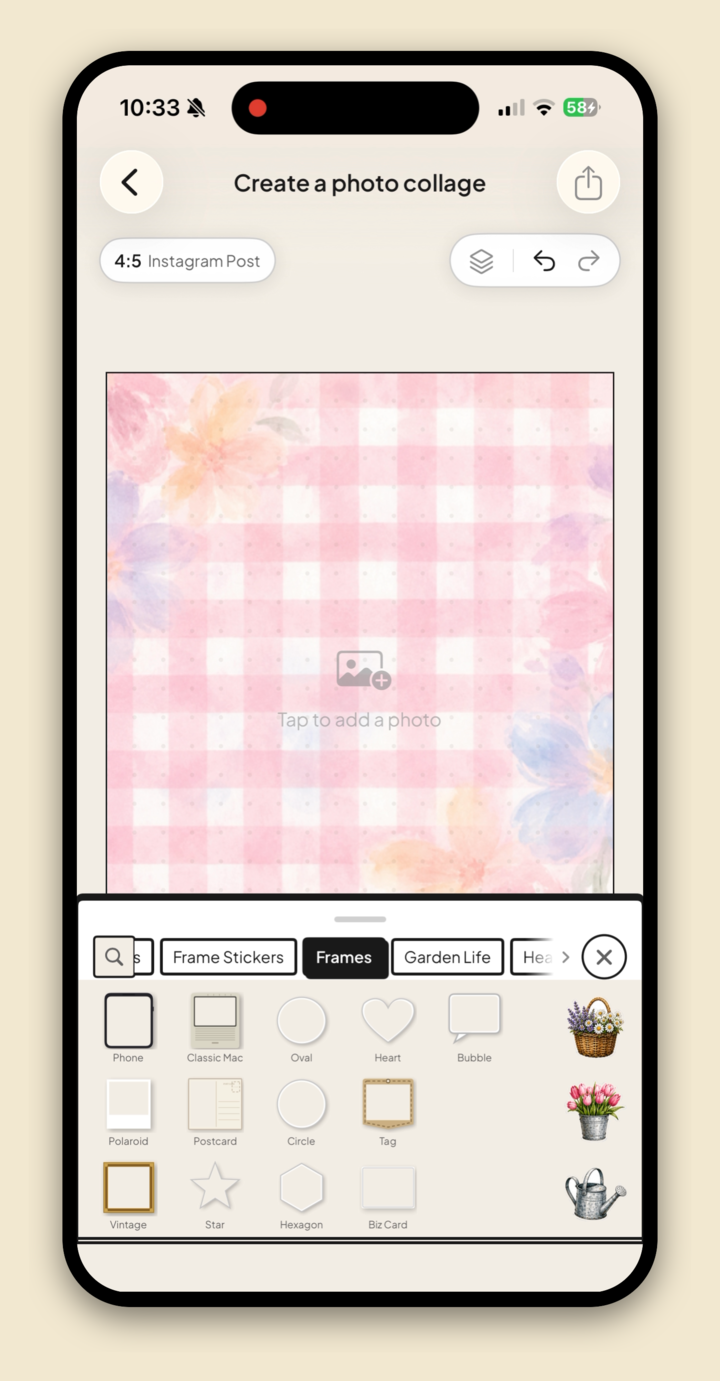 Jodu's sticker panel open to the Frames tab, with washi tape, hearts and letters.