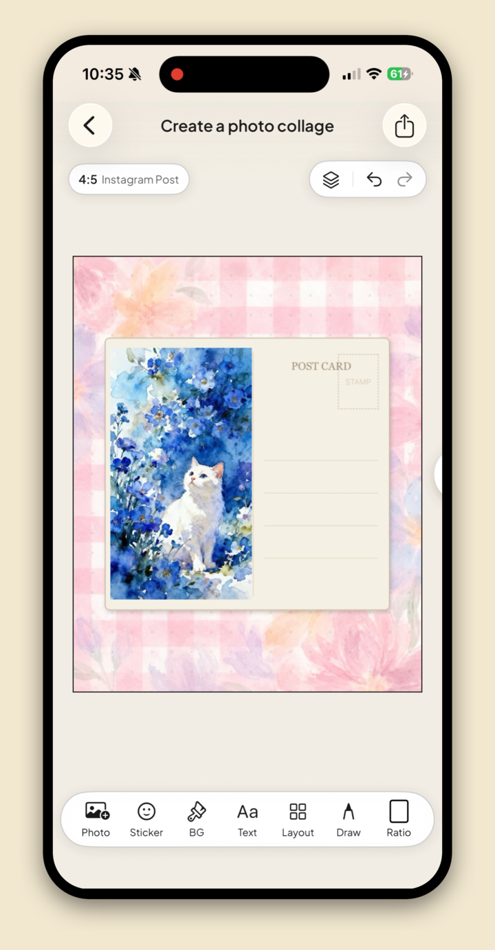 A photo placed inside a postcard frame on a collage background in Jodu.