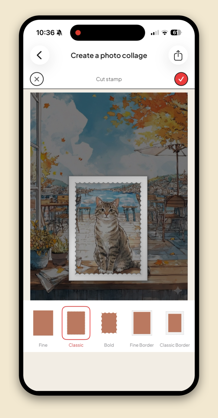 A photo with a decorative border effect applied in Jodu, with style options below.