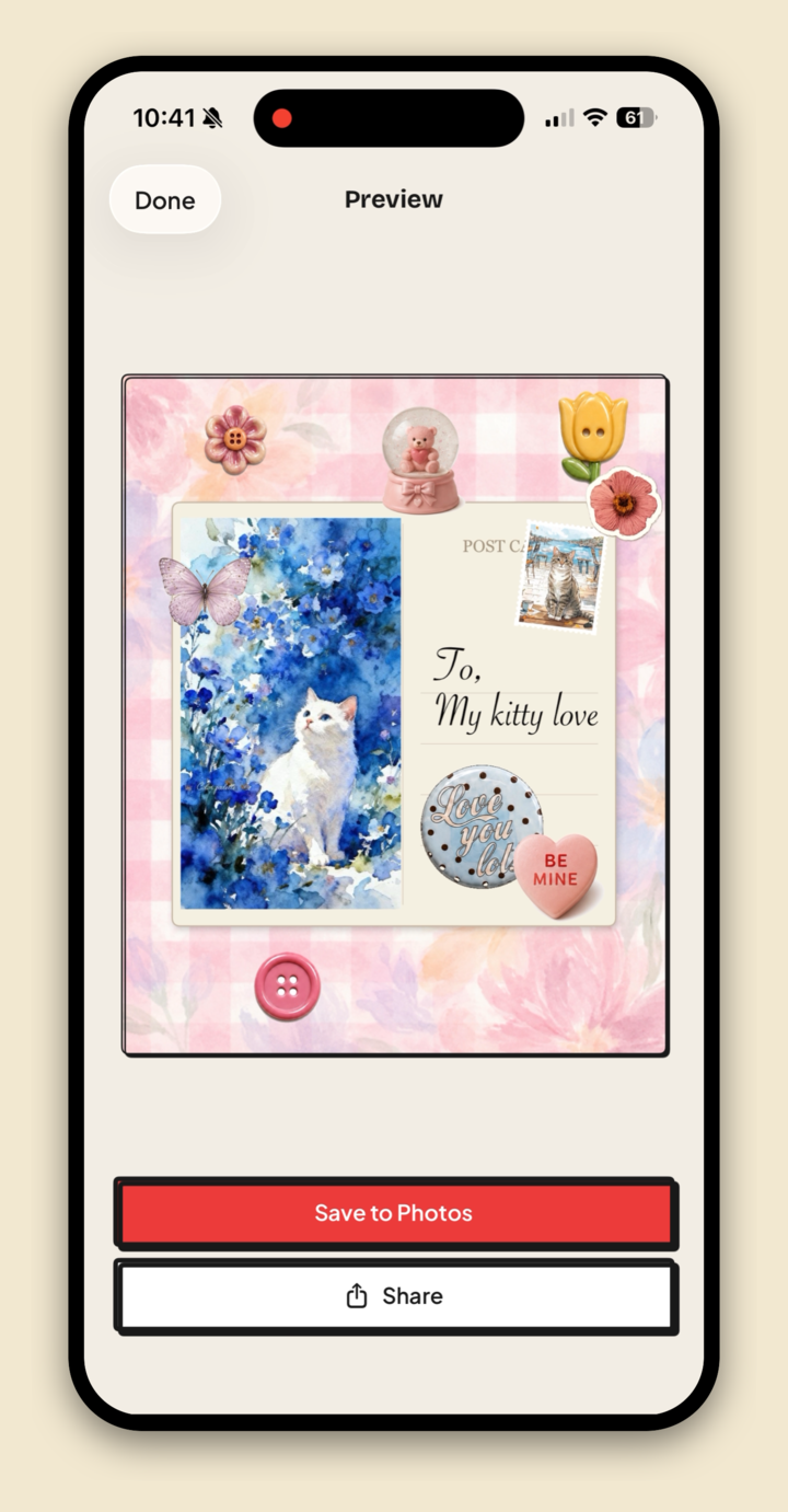 Jodu's export preview of a finished collage page with Save to Photos and Share buttons.