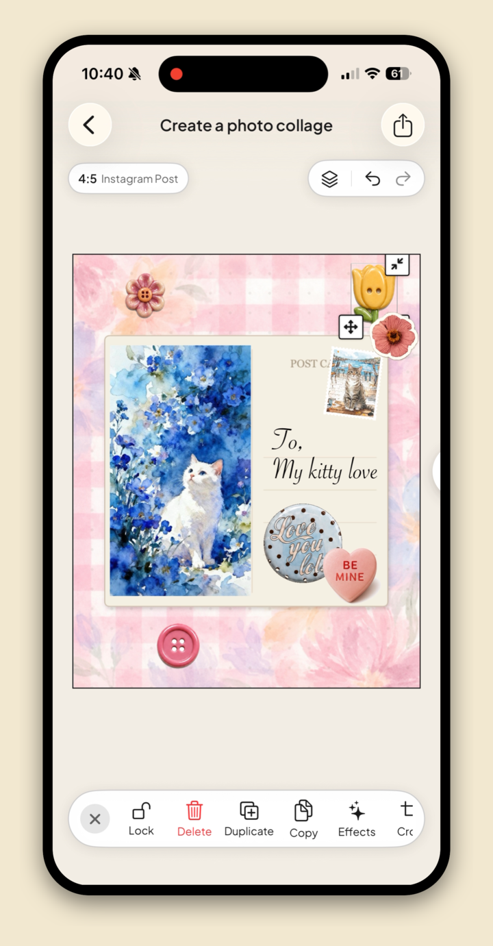 A finished scrapbook-style page in Jodu: a framed photo on textured paper with stickers, a stamp, and handwriting.