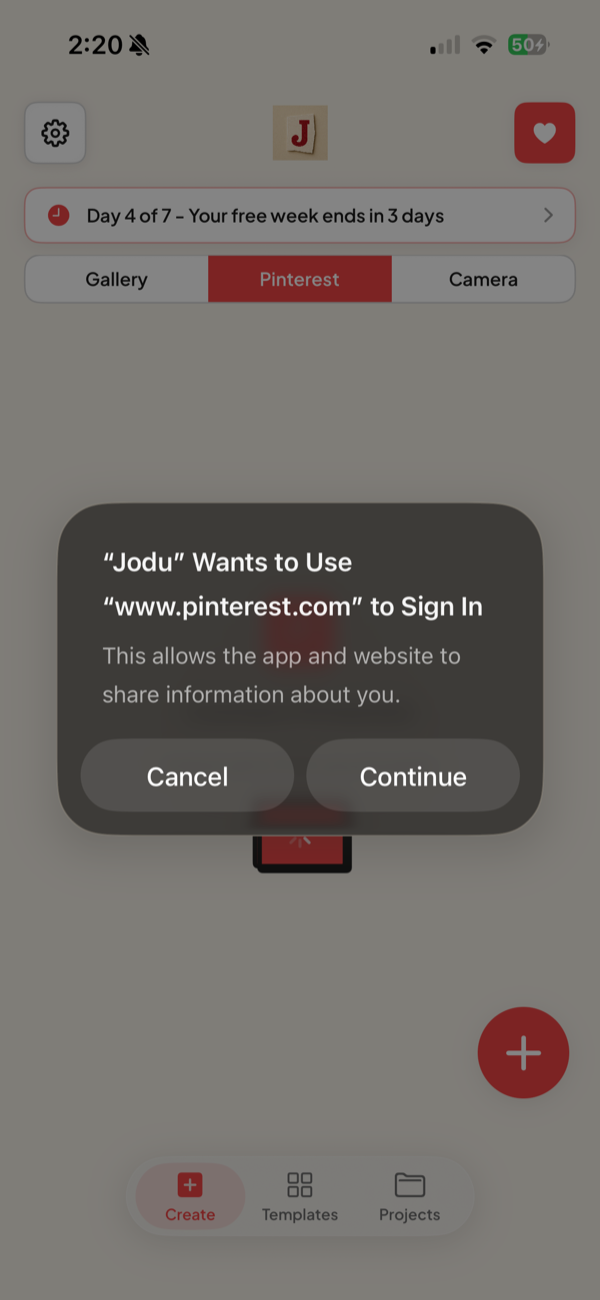 The iOS system prompt asking permission for Jodu to use www.pinterest.com to sign in, with Cancel and Continue buttons.