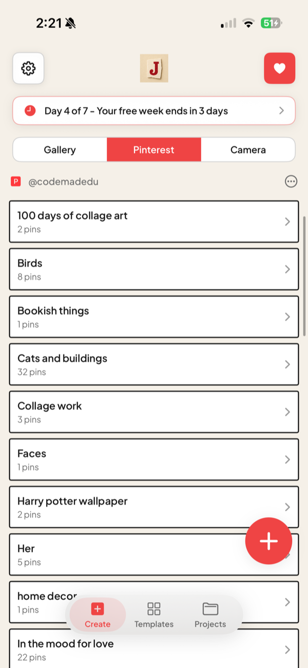 A list of Pinterest boards inside Jodu, each row showing the board name and its pin count.