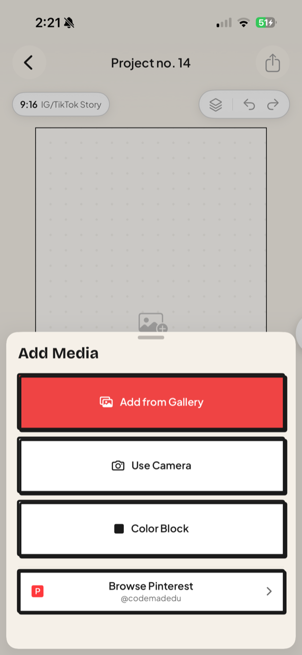 Jodu's Add Media sheet on the canvas with Add from Gallery, Use Camera, Color Block, and a Browse Pinterest row.