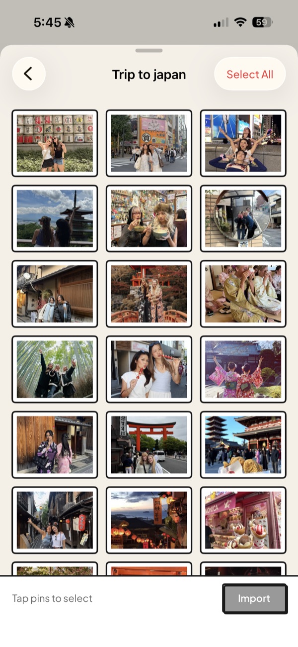 A Pinterest board open as a grid of pins inside Jodu, ready to select.