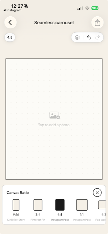 Jodu's Canvas Ratio picker with 4:5 (Instagram Post) selected.