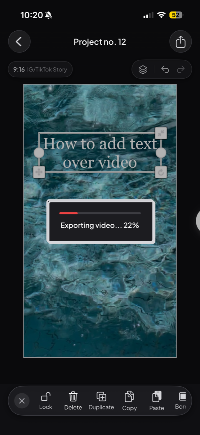 Jodu exporting the video, showing an Exporting video progress bar over the clip.