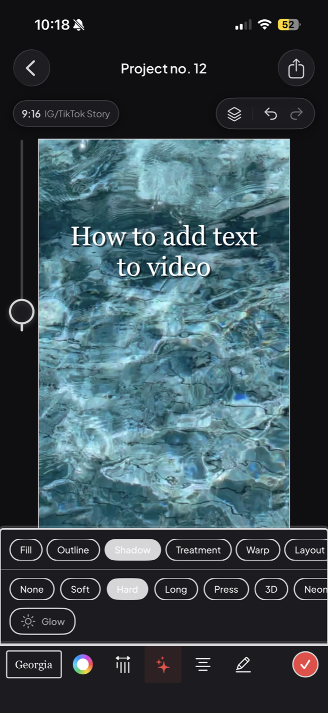 Jodu's text styling panel open over a video clip, with the Shadow tab and a Hard shadow selected.